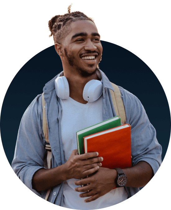 Smiling student with backpack and headphones.